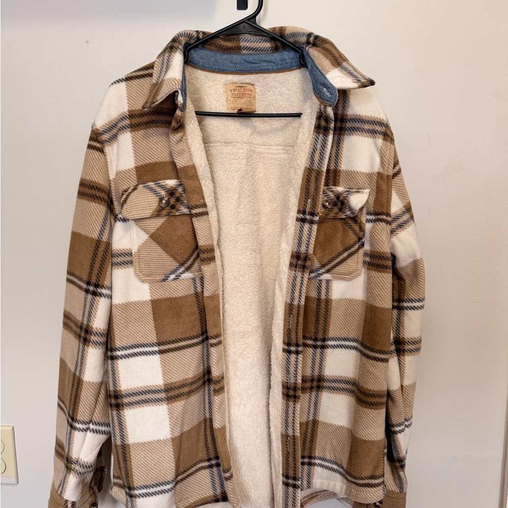 Men’s M Sherpa Lined Plaid Shacket - Tan & Cream